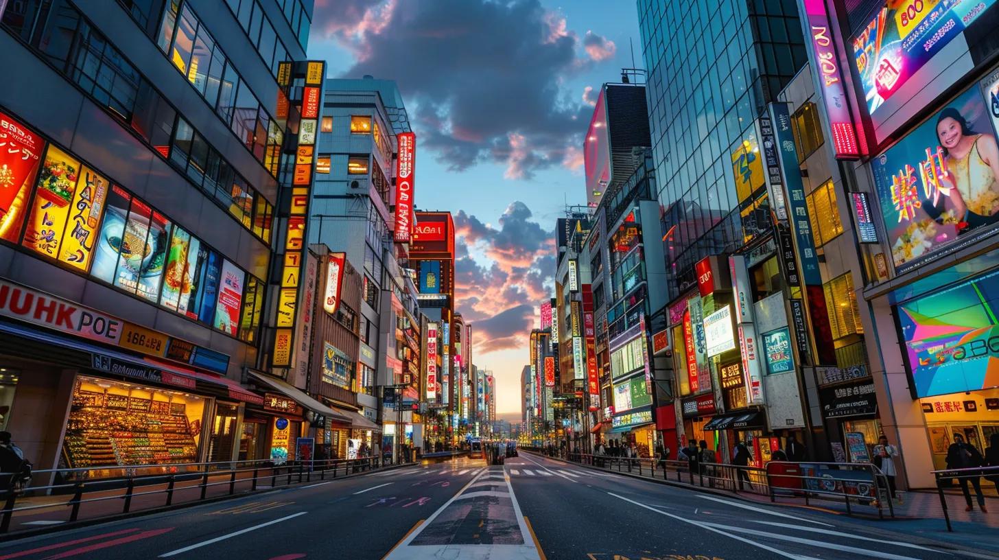 a dynamic cityscape at dusk, showcasing vibrant storefronts adorned with colorful signage, illuminated by warm streetlights, symbolizing the essential connection between local businesses and their communities through effective seo strategies.