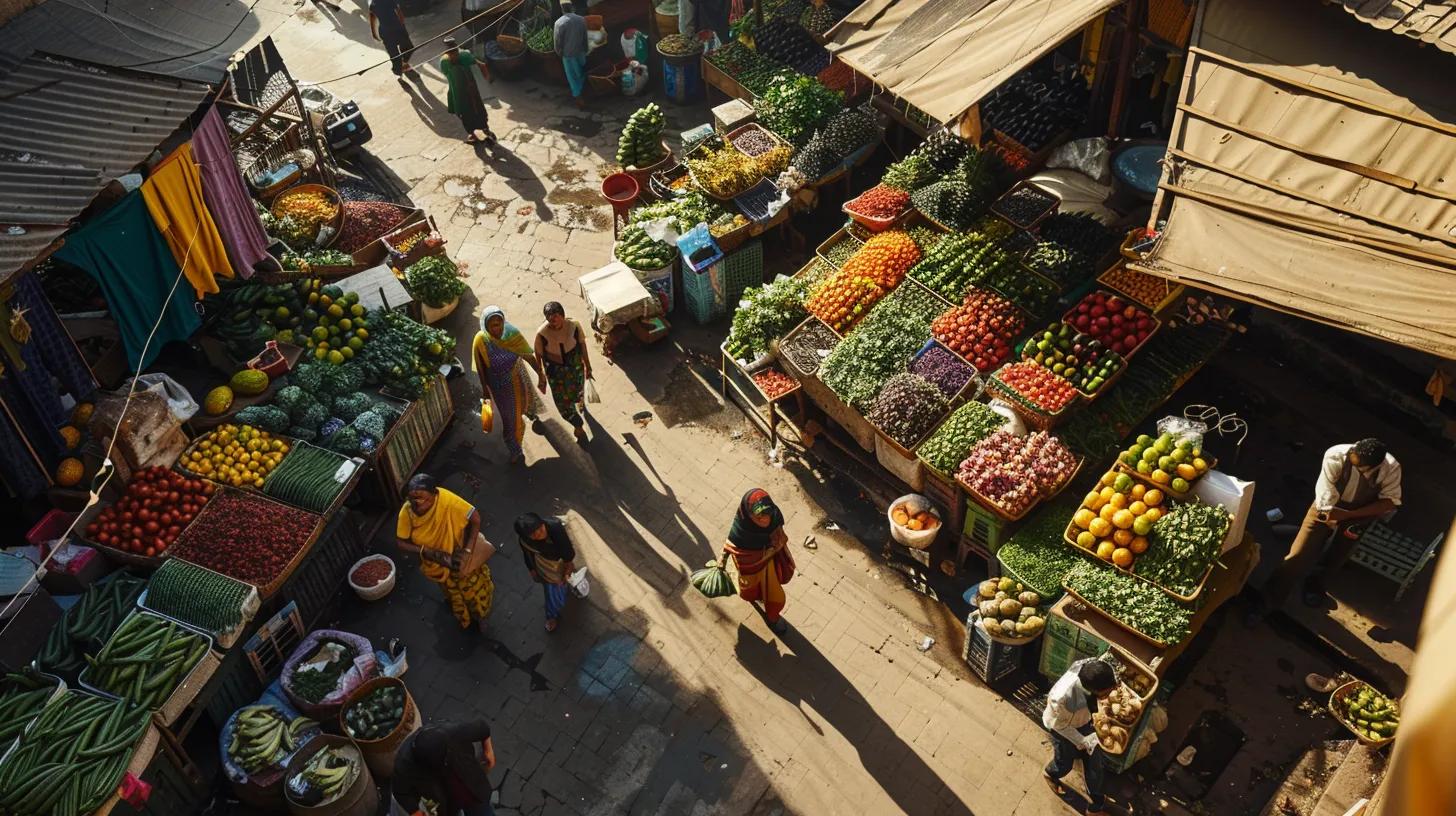 a vibrant, bustling local market scene filled with diverse vendors and colorful displays of fresh produce, showcasing the dynamic essence of community connection and local commerce.