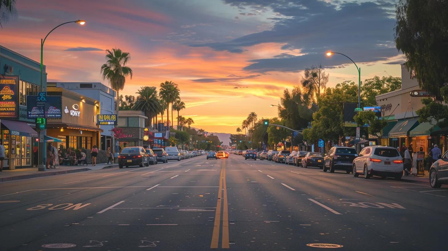 a vibrant city street bustling with small businesses, brightly colored storefronts, and digital screens displaying local search optimization ads, illuminated by the warm glow of sunset.