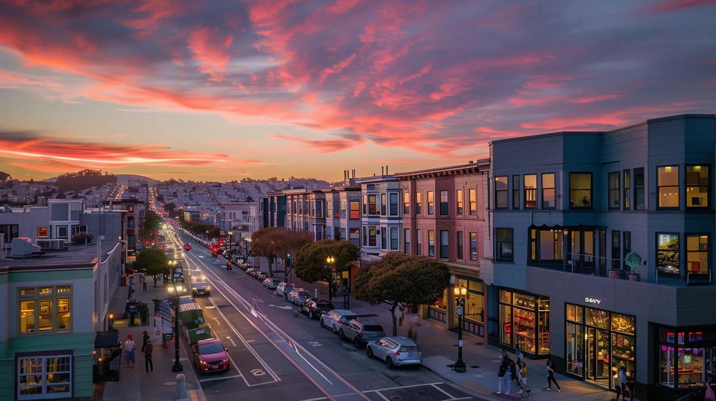 a vibrant cityscape with a prominently featured local business storefront, illuminated by the warm glow of sunset, symbolizing the impact of localized marketing strategies on community engagement and visibility.